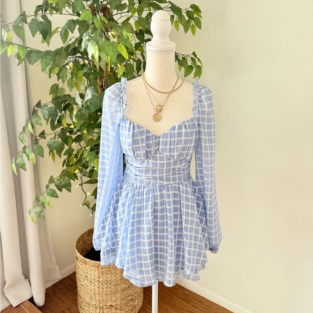 Light Blue Plaid Smocked Mini Romper, Size Small - Picture 2 of 11